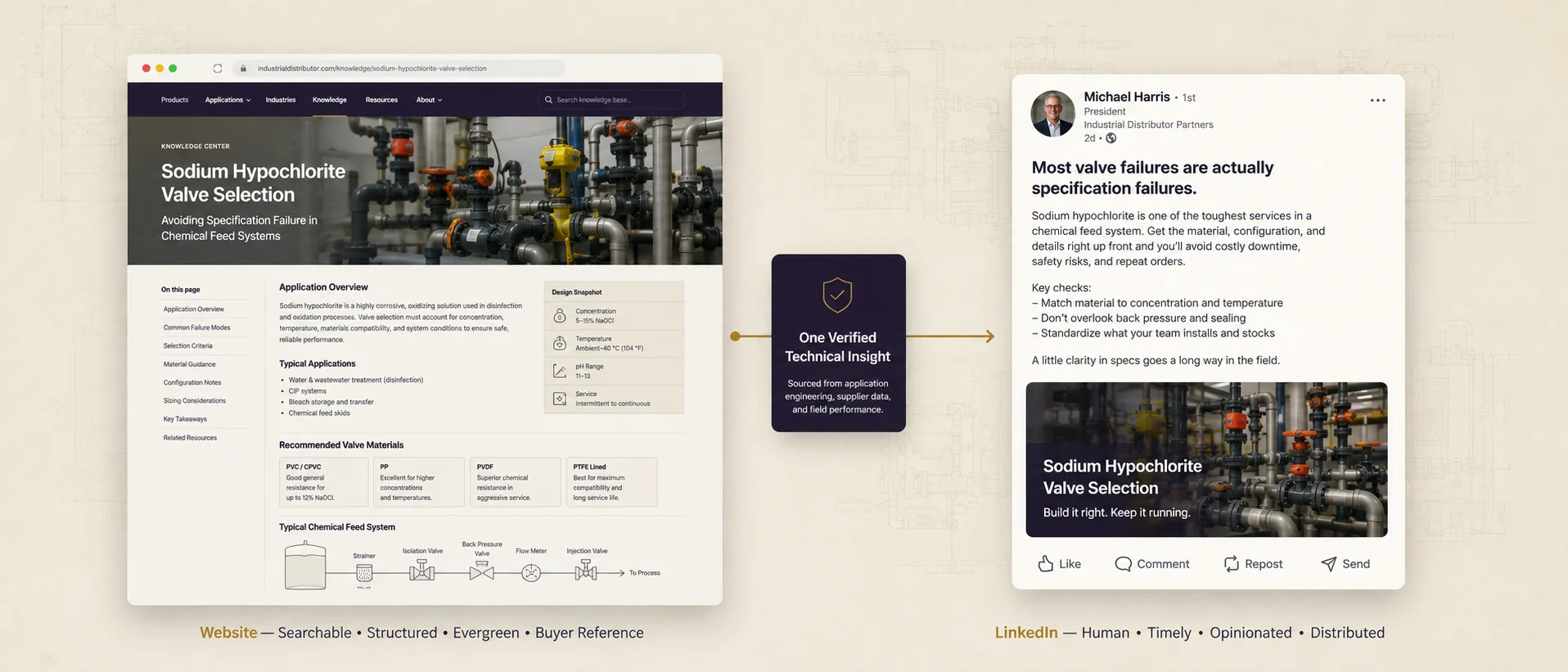Content marketing agency example: one verified technical insight distributed as both a website knowledge-base page and a LinkedIn post