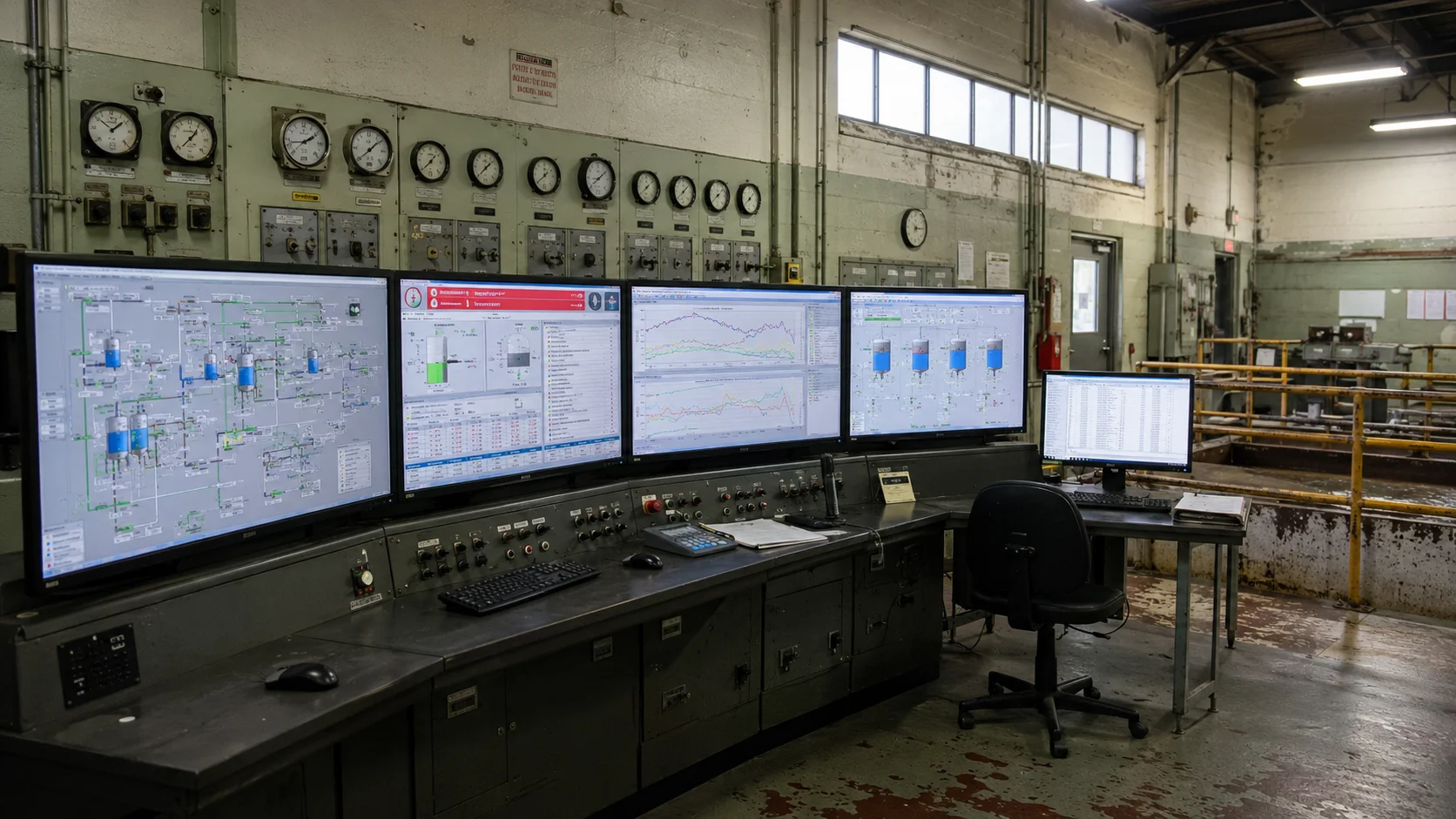 Water treatment plant control room with analog gauges beside a modern HMI panel -- water treatment SEO